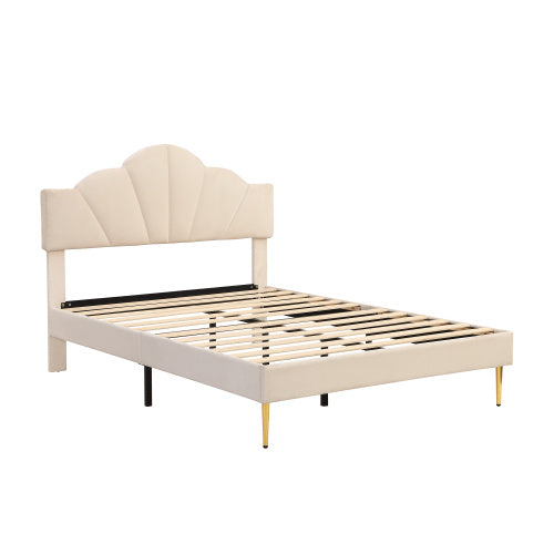 UK Local Velvet Upholstered Bed,Double Bed-4ft6 135x190cm, Shell-like Bed With Golden Iron Legs, Height-adjustable Headboard, Wooden Slatted Frame, Beige