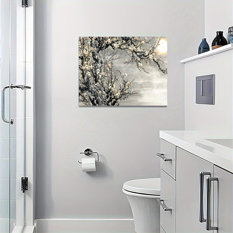 US Local 1 Framed Wooden Canvas Painting, Yellow Flowers And White Decorative Trees, Framed Wall Art, Suitable For Living Room And Bedroom, Home Decoration, Holiday Gift