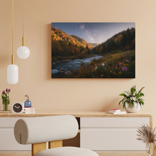 POD Decor Interior Frame Painting Horizontal, Mountain river starry autumn