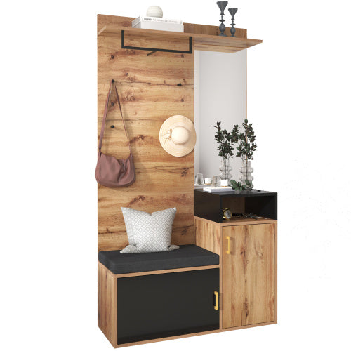 UK Local Wardrobe Set, With 4 Coat Hooks, Mirror, Shoe Cabinet, Wall-mounted Coat Rack, Upper Storage Shelf, Hallway Wardrobe With Bench Seat.