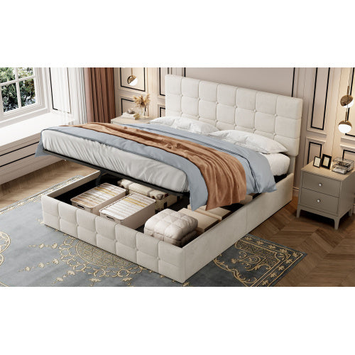 UK Local 4ft6 Double Upholstered Storage Bed Frame, Velvet Ottoman Bed With Hydraulic Storage, Double Bed With Adjustable Button Tufted Headboard, Metal-Wood Support, No Mattress, Beige