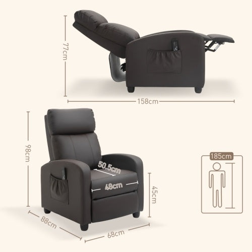 UK Local HOMCOM Recliner Armchair, Massage Faux Leather Push Back Reclining Chair With Adjustable Leg Rest, Side Pocket, For Home Living Room Theatre, Brown
