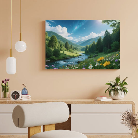 POD Decor Interior Frame Painting Horizontal, Mountain river sunny summer