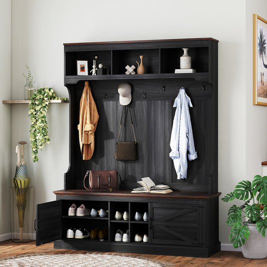 US Local 3-in-1 Hall Tree With Shoe Storage, Coat Rack With Bench, Entryway Furniture With Hooks, Black Wood Grain