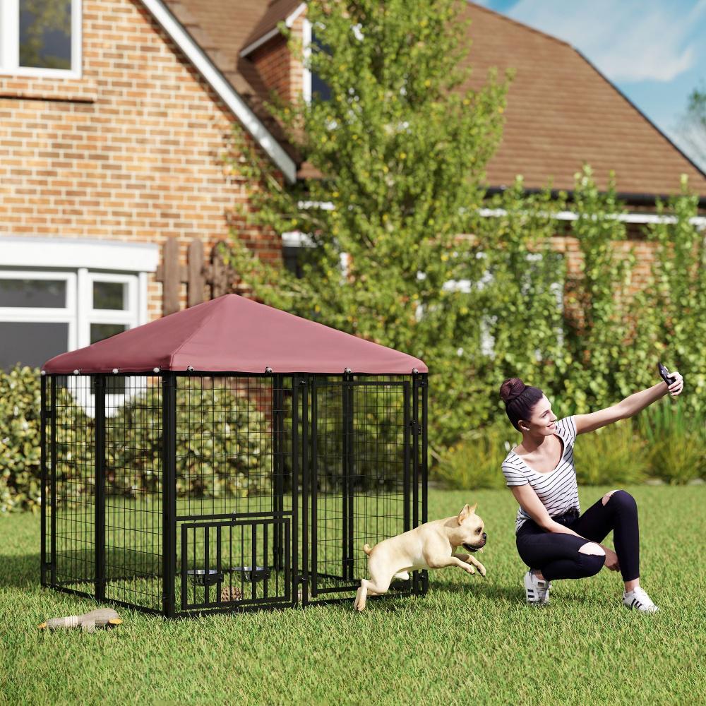 US Local Welded Wire Outdoor Dog Kennel With 360 Rotating & 4 Levels Adjustable Bowls, Waterproof Cover, 4.6 X 4.6 X 5