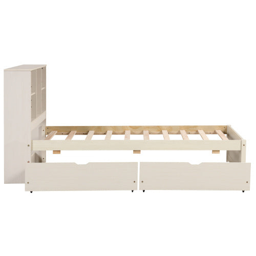 US Local Modern Twin Size Bed Frame With Built-in USB Port On Bookcase Headboard And 2 Drawers For White Washed Color