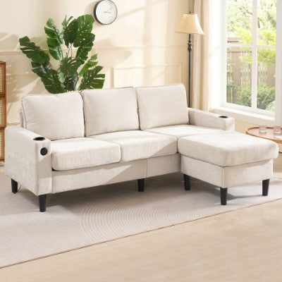 UK Local L-Shaped Couch Sofa, Corner Sofa 3 Seater Sofa, Sectional Sofa Couches With USB, Cup Holder, For Apartment Living Room Beige
