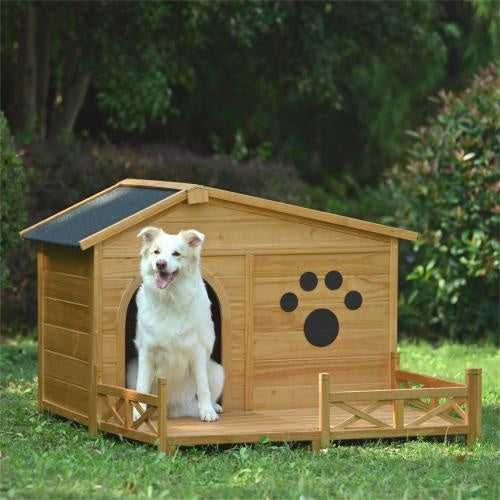 US Local 48 Wooden Dog House Outdoor With Porch, Dog Kennel With Water-Resistant Asphalt Roof And Fencing,Indoor & Outdoor Dog Crate With Paw Print, Medium, Nature