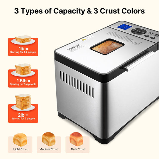 US Local 2LB 19-in-1 Bread Maker Automatic Compact Dough Machine Nonstick 3 Crust Colors