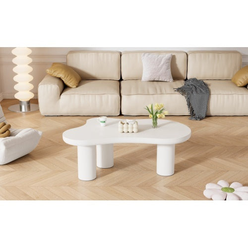 UK Local Irregular White Painted Coffee Table, Cloud Shaped Coffee Table Tea Table End Table, Modern Coffee Table With 3 Legs, For Living Room Furniture, 107x66x40.5 Cm