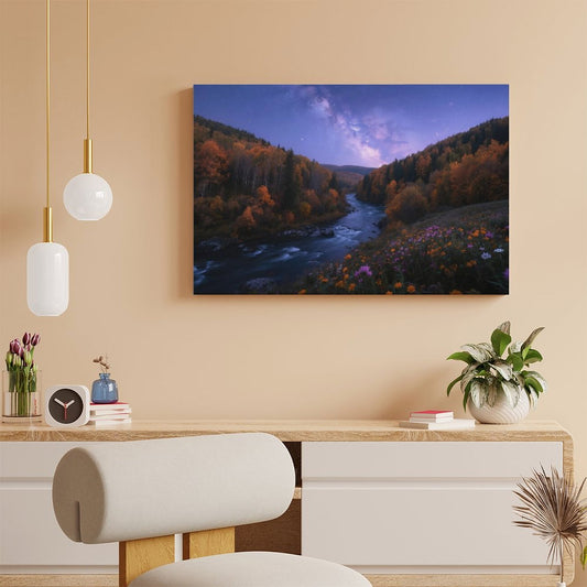 POD Decor Interior Frame Painting Horizontal, Mountain river starry autumn