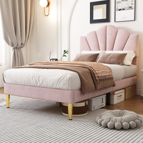 UK Local Velvet Upholstered Bed,Single Bed-3ft 90x190cm, Shell-like Bed With Golden Iron Legs, Height-adjustable Headboard, Wooden Slatted Frame