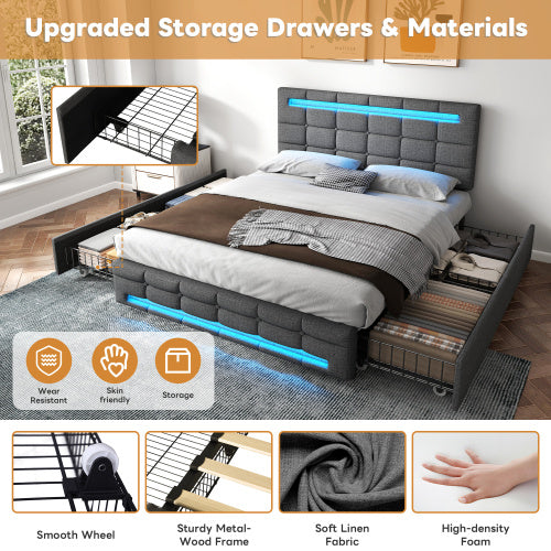 UK Local 4ft6 Double Upholstered Bed With LED Lighting And Storage Drawers, Linen Fabric Storage Bed Frame With Adjustable Button Tufted Headboard, No Box Spring Needed, Easy Assembly, Grey