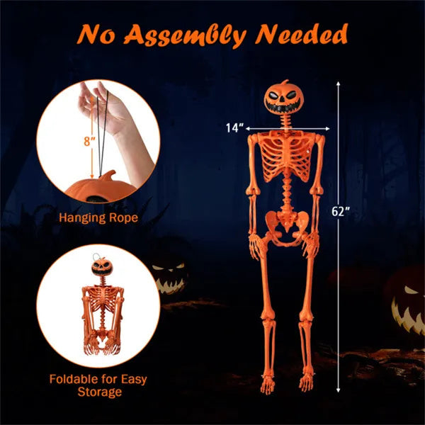 5.5ft Life-Size Halloween Skeleton With Pumpkin Head - Orange Color, Fully Poseable Joints Jaw Shoulders Knees , PP PE Material
