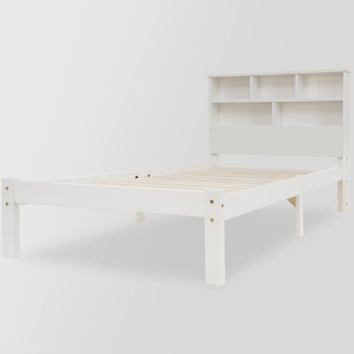 UK Local Bed With Shelves, White Wooden Storage Bed, Underbed Drawer - 3FT Single 90 X 190 Cm Frame Only