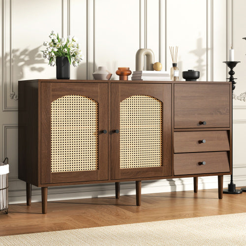 UK Local Country-Style Sideboard With Rattan Doors 130 X 75.5 X 40 Cm Magnetic Closure, Adjustable Shelves, Sturdy Structure Elegant And Versatile Design