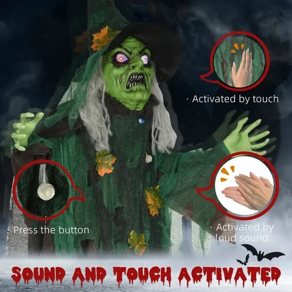 CA Local Outdoor Halloween Decoration Witch, Animated Prop Decor With Sound And Motion Activated, Light Up Eyes, Creepy Sound