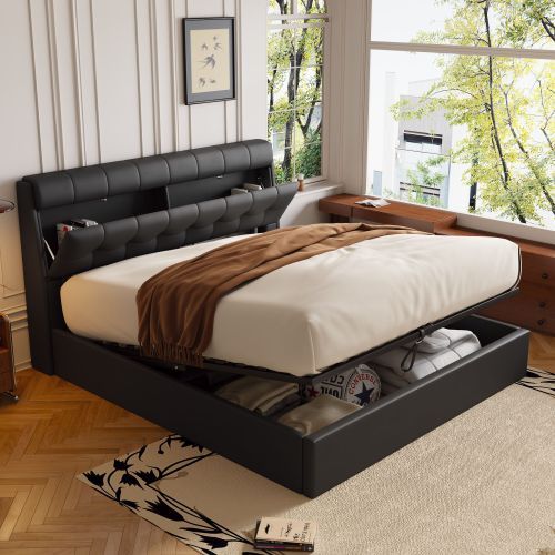 UK Local Fashion Upholstered Bed,135x190 4ft6, Double Bed,Hydraulic Bed,Concealed Headboard Storage,Bed Box Storage,PU,With Slats And Headboard,Without Mattress,Cream White