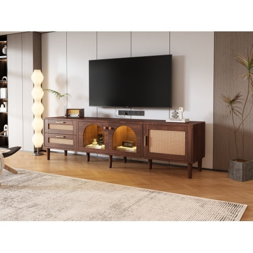 US Local Rattan TV Stand With 3 Cabinets 2 Drawers, Rattan-inspired Media Console Table For TVs Up To 80'', LED Light Entertainment Center, TV Cabinet For Living Room, Bedroom, Home Theatre