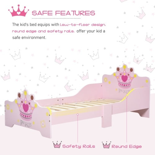 UK Local HOMCOM Kids Toddler Bed Princess Crown Theme Safety Side Rails Slats Home Bedroom Furniture Boys Girls 3-6 Yrs 143 X 73 X 60 Cm