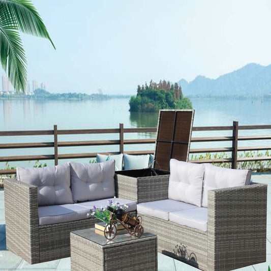 US Local 4Pc Patio Sectional Wicker Rattan Sofa Set W Storage Box Grey