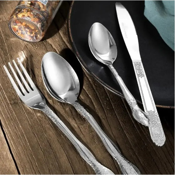 Product Name Deluxe Premium Cutlery Flatware Set For The Home Stainless Steel Cutlery Service With 1 Dinner Fork, 1 Dinner Knife, 1 Dinner Spoon And 1 Tea Spoon Durable, Elegant And Rust Resista