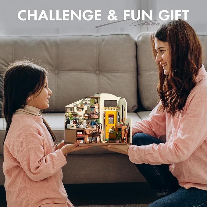 US Local ROBOTIME Rolife Happy Kitchen Dollhouse Minature House DIY Wooden Puzzle With LED Light DG159