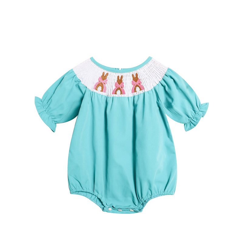 US Local Baby Girl Comforable Bunny Romper Set, Bubble Sleeve Onesie With Bow Rabbit Embroidery