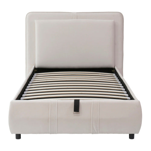 UK Local Upholstered Bed, Hydraulic Bed With Storage Function, 3ft Single Bed 90x190cm, Durable And Sturdy, Removable Soft Headboard Backrest, Velvet Plywood, Beige