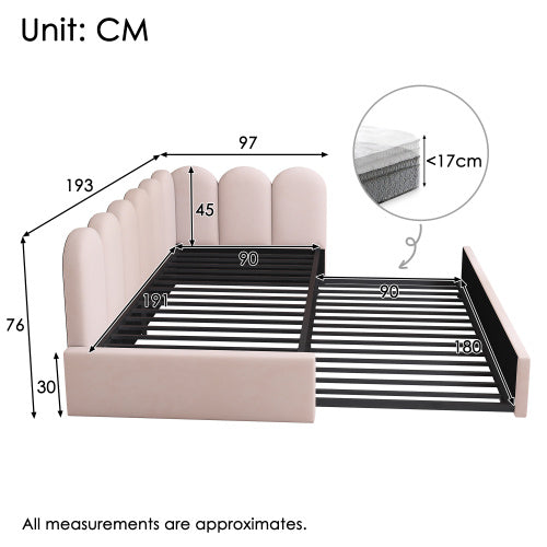UK Local Upholstered Bed Daybed With Pull-Out Bed, 3FT Single Sofa Bed 90X190Cm,Guest Beds For Adults And Children, Bed With Metal Slatted Frame, Velvet, Pink No Mattress