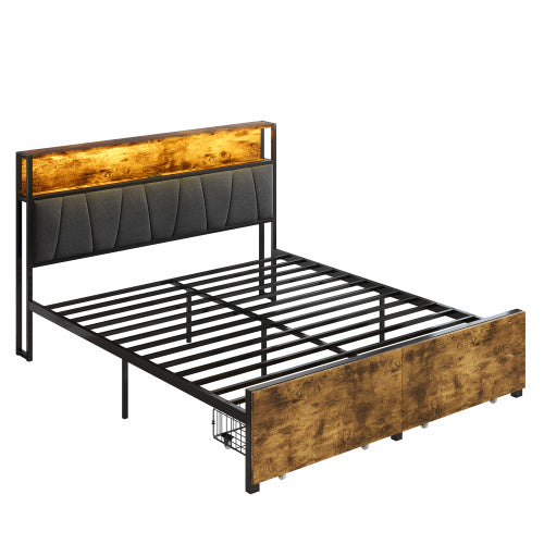 UK Local 4ft6 Double Bed Frame With 2 Storage Drawers, RGB LED Storage Headboard With Charging Station, Metal Platform Bed Frame, No Box Spring Needed, Easy Assembly, Black Walnut No Mattress
