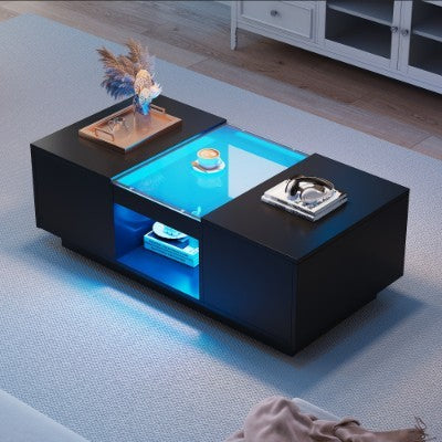 UK Local LED Coffee Table For Living Room, Modern Coffee Table With Storage With LED Lights, 2 Tiers And 2 Drawers, Large Living Room Center Tables Black