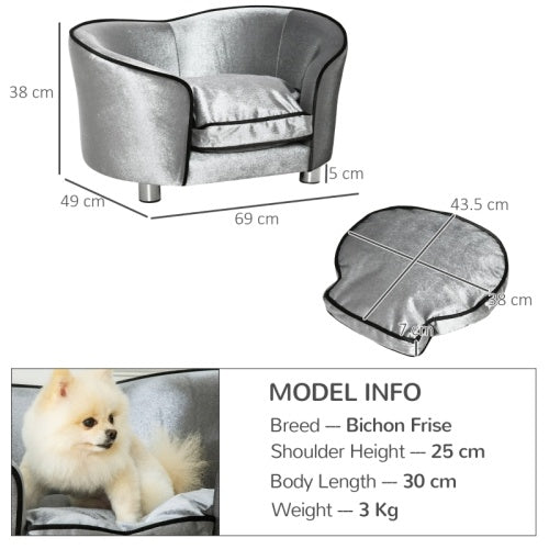 UK Local PawHut Dog Sofa Pet Chair, Kitten Bed Couch W Wooden Frame, Removable Cushion - Silver-Tone And Grey