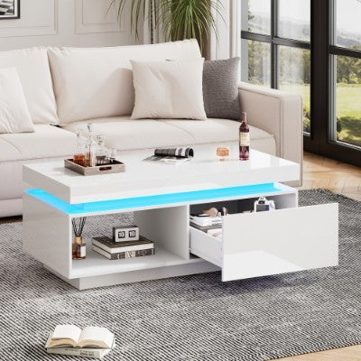 UK Local High Glossy LED Coffee Table With Drawer Storage, Wooden Centre Table With RGB Led Lights Rectangle Tea Table For Living Room Furniture, White Coffee Table With Open Display Shelf