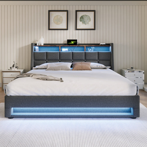 UK Local Upholstered Double Bed 135 X 190 Cm With LED Lighting, USB Type-C Charging Function, Storage Headboard, 4FT6 Double Bed Storage Bed Frame With Metal Slatted Frame, Linen, Grey No Mattress
