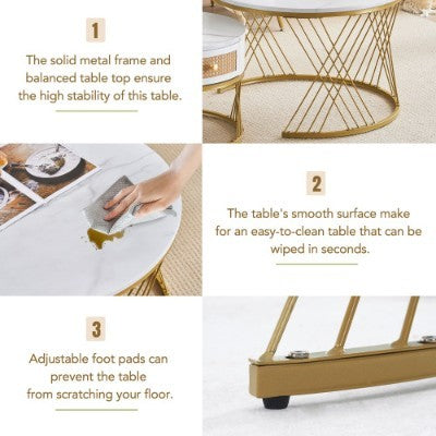 UK Local White Two-piece Coffee Table Set With Rattan Drawers, Gold Accents And Marble-style PVC Sticker Tabletop