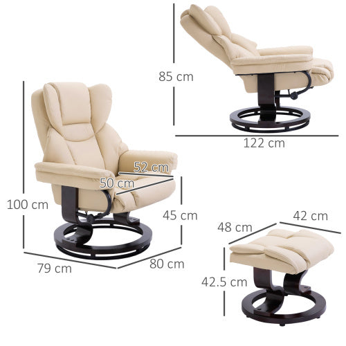 UK Local HOMCOM 360 Swivel Recliner Chair With Footstool, PU Leather Manual Recliner Armchair With Solid Wood Base, Upholstered Reclining Chair For Living Room, Bedroom, Office, Cream