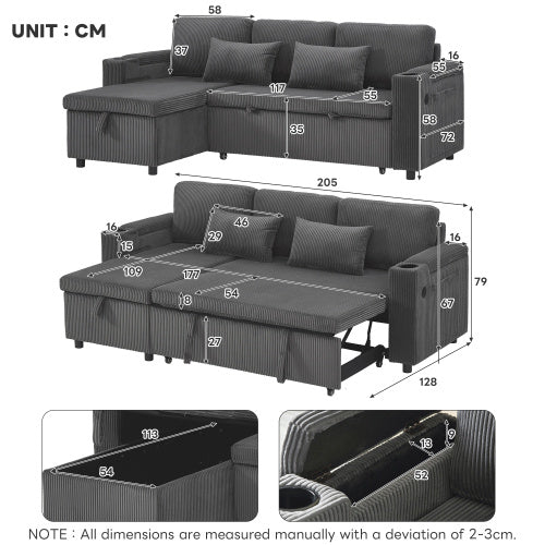 UK Local 3 In 1 Convertible Corduroy Sofa Bed With Storage Chaise, L Shaped Sleeper Sofa Couches With Armrest Storage And Charging Station. Pullout Sectional Daybed For Living RoomBedroomOffice, Grey