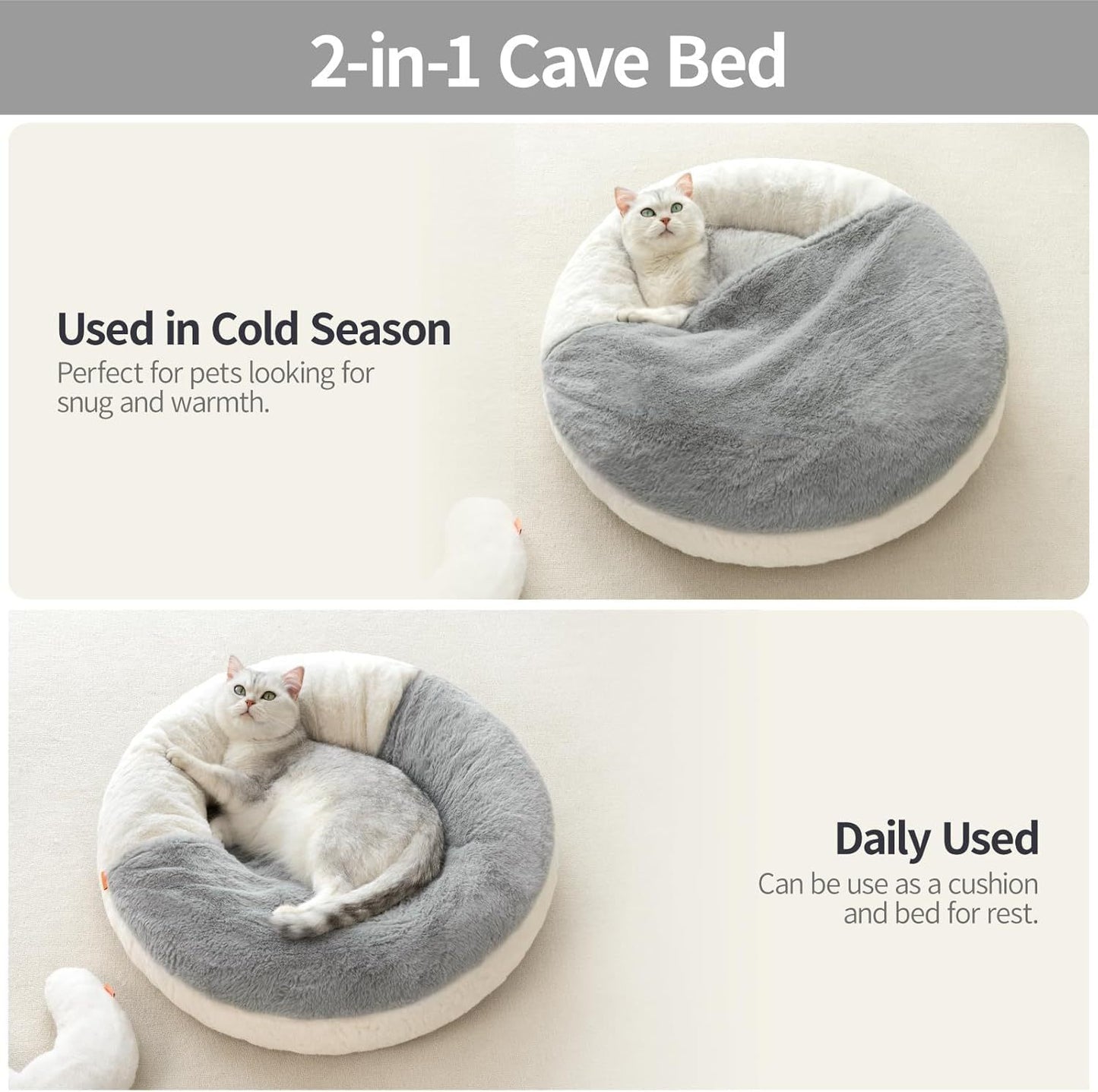 MEWOOFUN Enclosed Cat Bed Cave - Washable Pet Bed With Blanket & Non-Slip Base For Cats & Small Dogs 22'' X 22'', White