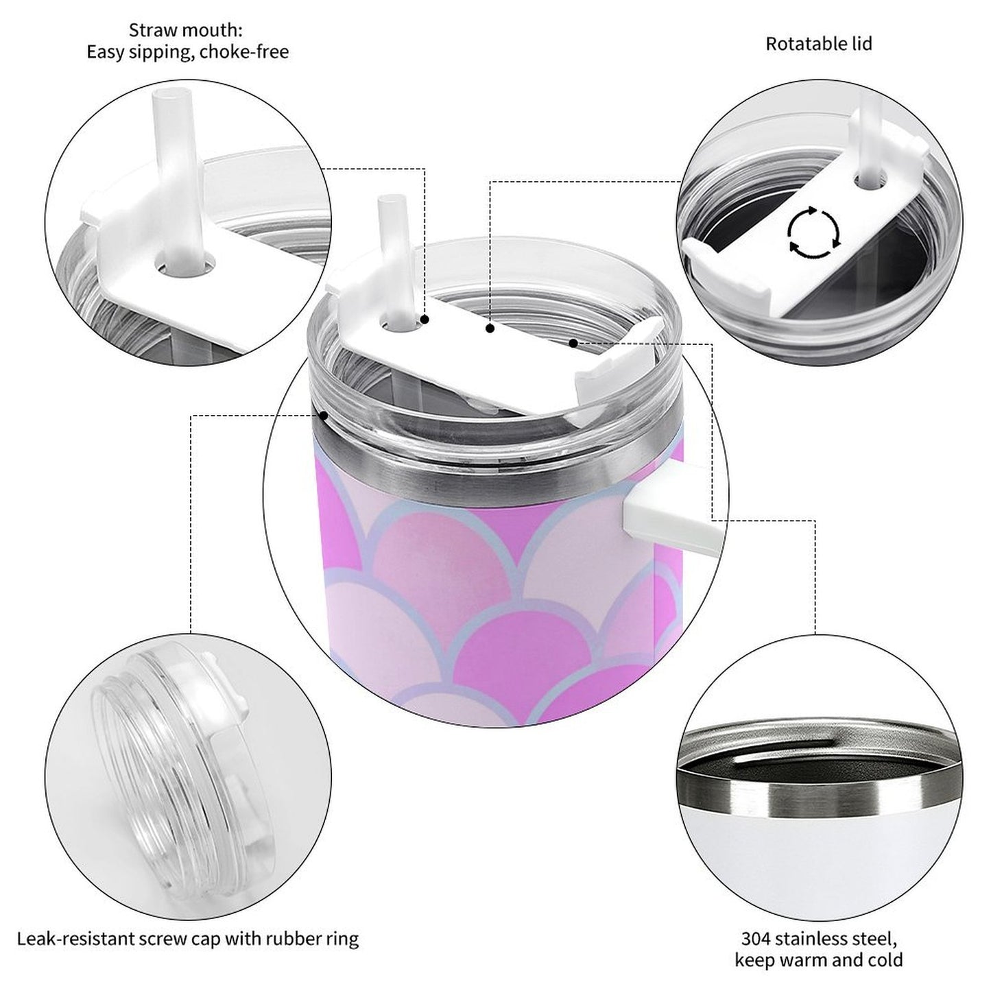 PHDT00427 POD US Local Tumbler 40 oz Large Capacity Car Cup Pink, Fish Scales