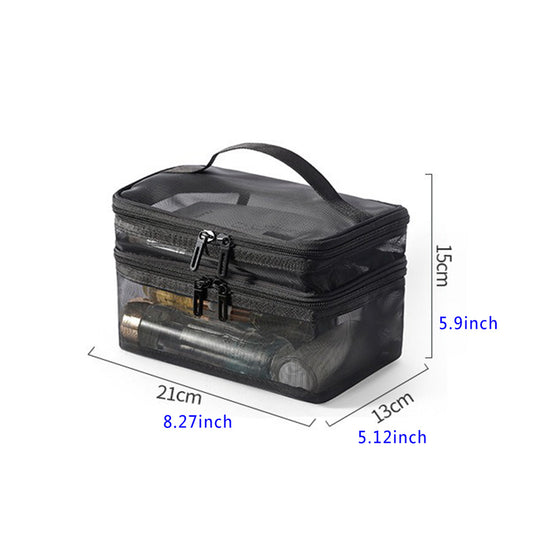 US Local 2pcs Double Layer Mesh Yarn Toiletry Bag Portable Travel Cosmetic Storage Bag In Black And Grey For Business Trips Large Capacity Travel Cosmetic Storage Bag