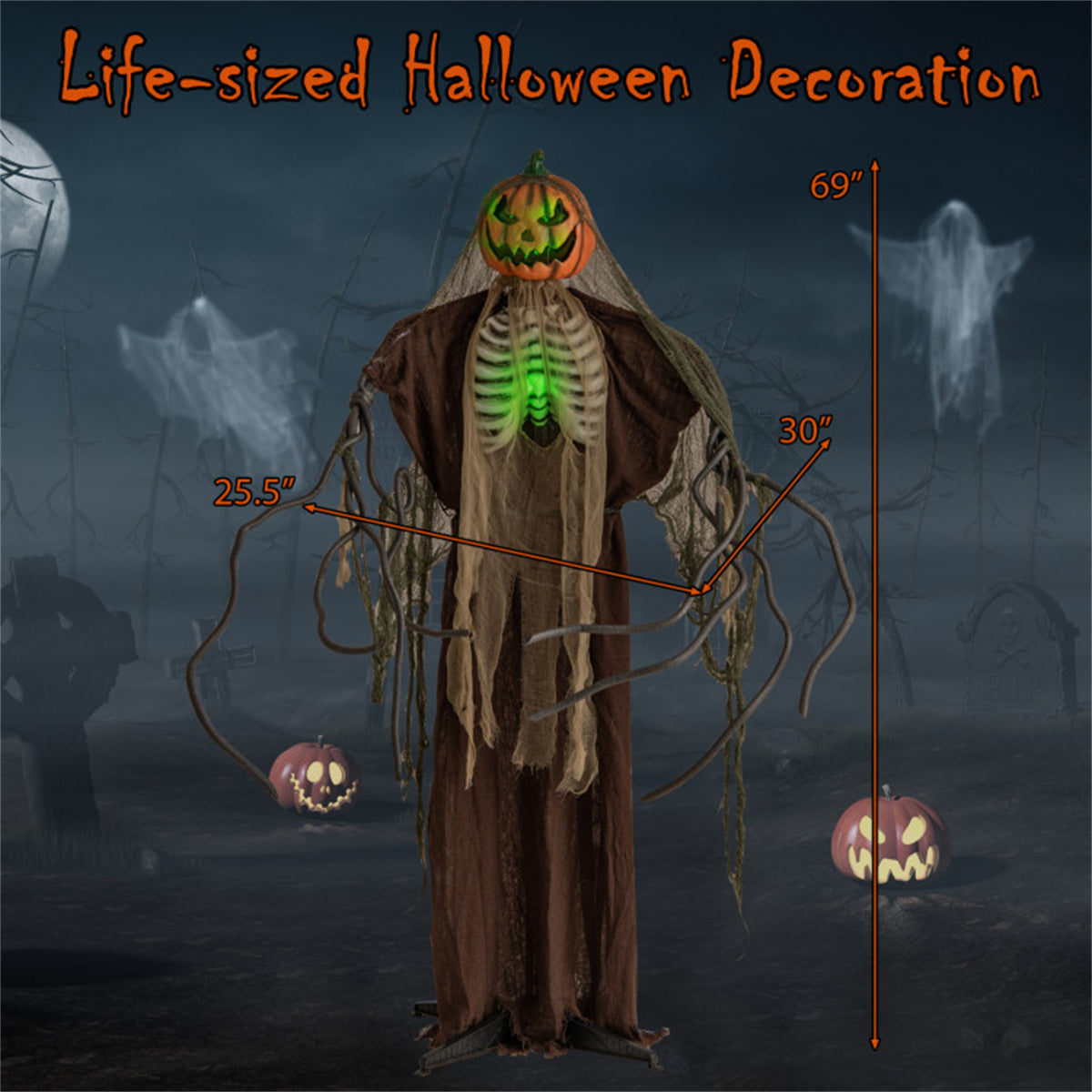 US Local 6ft Halloween Animatronic Ghost Pumpkin - Light-Up Design, Sound & Touch Activated, Spooky Movements & Voice for Indoor/Outdoor