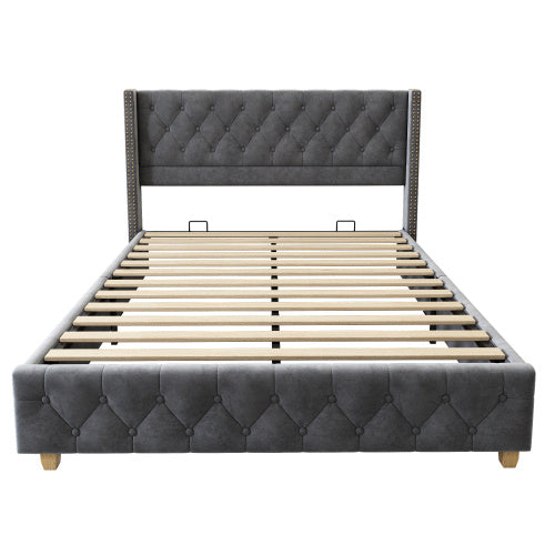 UK Local Upholstered Bed,Double Bed-4ft6 135x190cm,With Slatted Frame And Headboard, Button Upholstery, Rivet Upholstery, Wooden Legs, Velvet, Grey