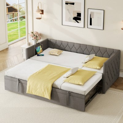 UK Local Upholstered Daybed, Sofa Bed With Charging Station, 3ft Single Button-tufted Bed With USB And Type - C Ports, Pull Out Trundle Bed For Living Room Bedroom Study Room, Linen, Grey No Mattress