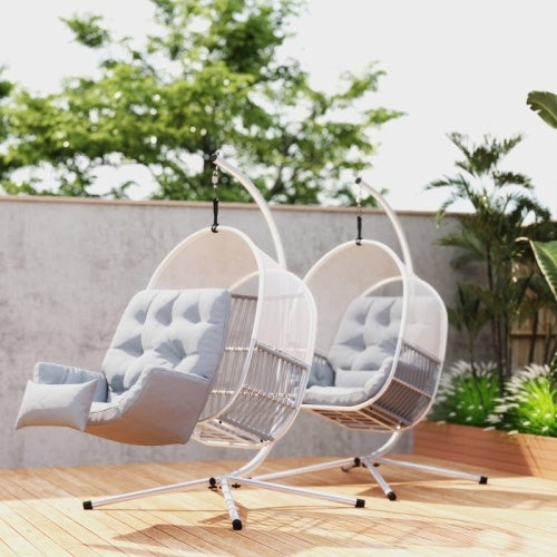 UK Local Outsunny Hanging Egg Chair Outdoor Indoor, Swing Hammock Chair With Stand, Cushions, Lumbar Pillow, Adjustable Height And Steel Frame For Garden Patio Lounge Porch, Light Grey