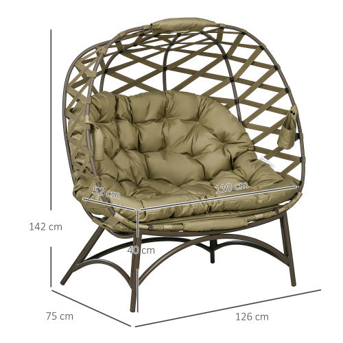 UK Local Outsunny 2 Seater Egg Chair Outdoor, Folding Weave Garden Furniture Chair With Cushion, Cup Pockets - Khaki