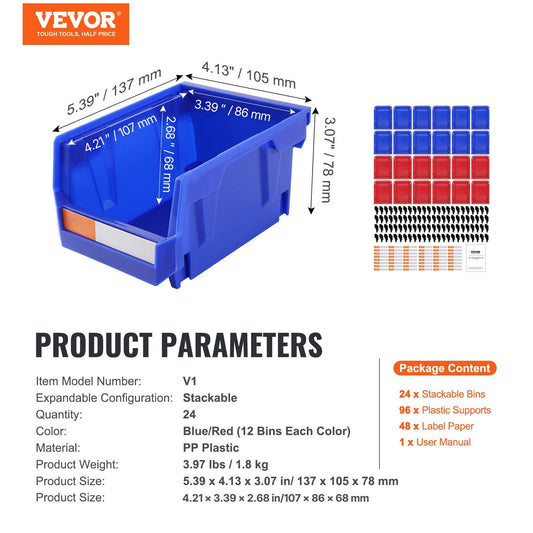 US Local Plastic Storage Bin,Hanging Stackable Storage Organizer Bin, Blue Red, 24-Pack, Heavy Duty Stacking Containers For Closet, Kitchen, Office, Or Pantry Organization