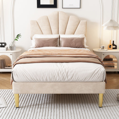 UK Local Velvet Upholstered Bed,Single Bed-3ft 90x190cm, Shell-like Bed With Golden Iron Legs, Height-adjustable Headboard, Wooden Slatted Frame