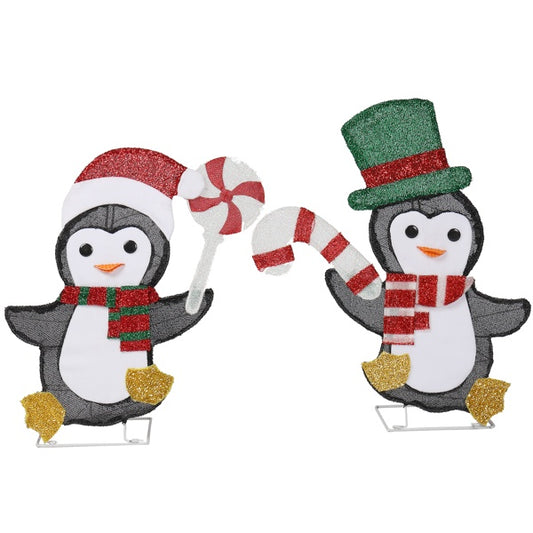 US Local Set Of 2 Lighted Penguin And Candy Cane Christmas Decorations, Pre-lit 2D Holiday Decor With 80 Warm White LED Lights For Xmas Outdoor Indoor Decor Lighted Holiday Displays