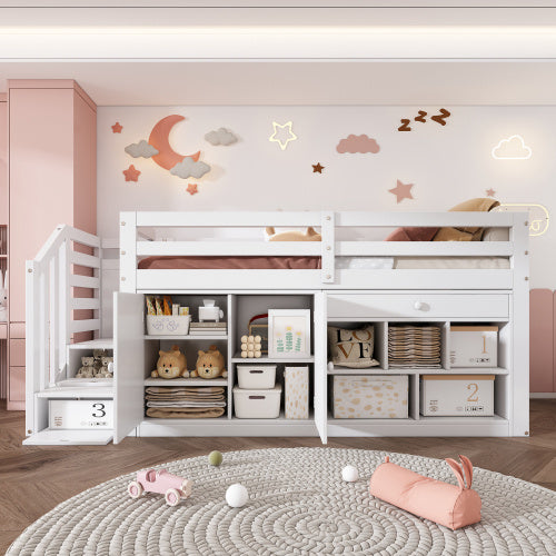 UK Local Multifunctional Wooden Children's Bed With Stairs And Storage Space, Stairs Cabinets Interchangeable On The Left And Right, Drawers Reversible And Usable As A Desk, Without Mattress, 90x190, White